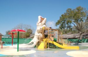 A child is playing on the slide at a water park.